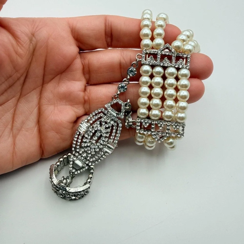 Vintage 50s Style‎ Triple Row Faux Pearl Rhinestone Statement Bracelet Jewelry
